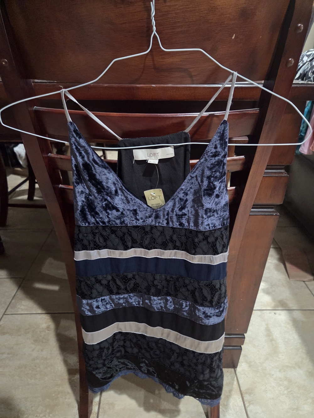 LOFT Blue Velvet & Lace Striped Slip Dress